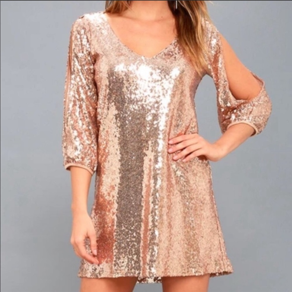 Lulus gold sequin shift party dress with sleeve